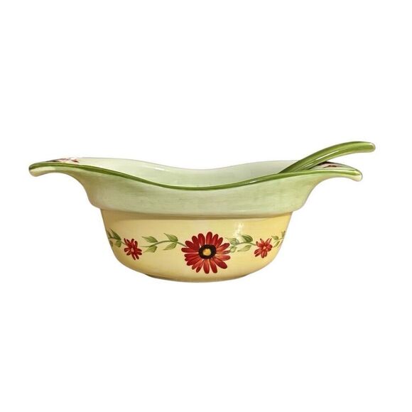 Pfaltzgraff Daybreak Gravy Server with Ladle Yellow Green Red Floral Gravy Boat - Picture 3 of 10